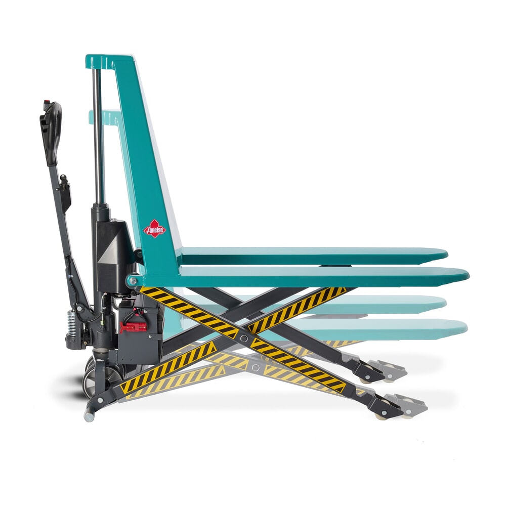 Product image: Ameise® PTM 1.0 scissor lift pallet truck, electro-hydraulic, capacity 1,000 kg, fork length 1,150 mm, polyurethane/nylon