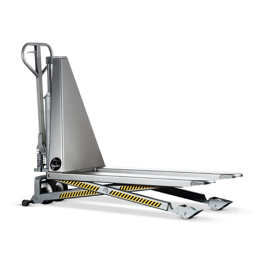 INOX PRO stainless steel scissor lift pallet truck with quick lift, fork length 1,200 mm, nylon