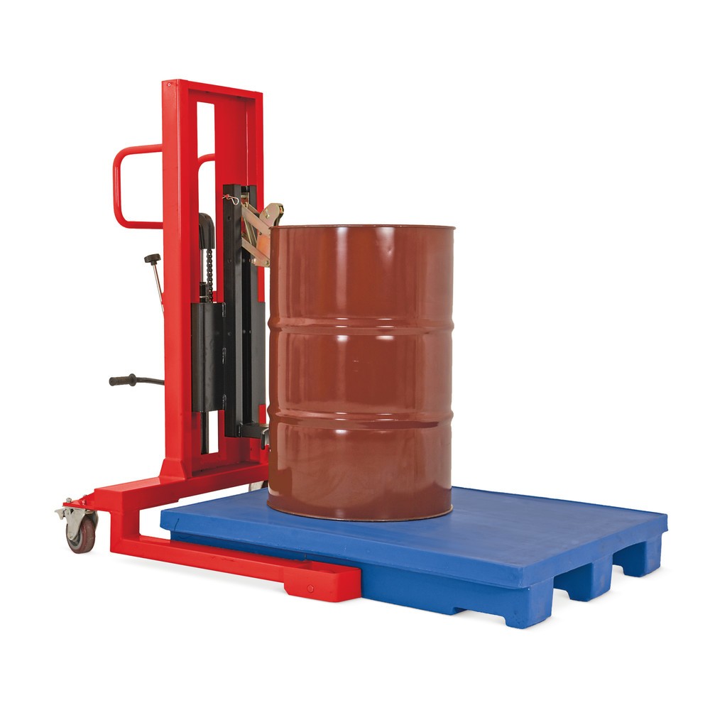 Drum lifter with foot pedal, front pick-up, lift height 750 mm, capacity 350 kg, RAL 3020 traffic red