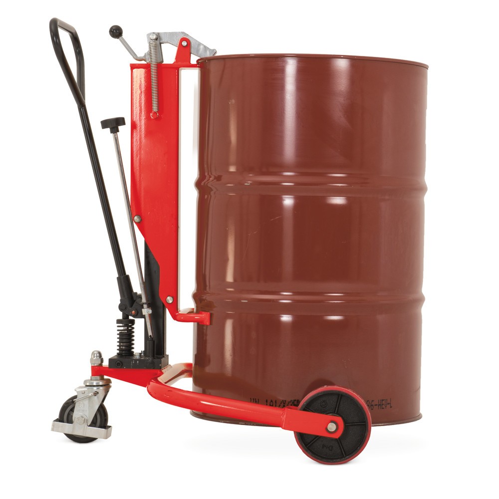 Product image: Drum lifter with tiller, lift height 345 mm, capacity 250 kg, RAL 3020 traffic red