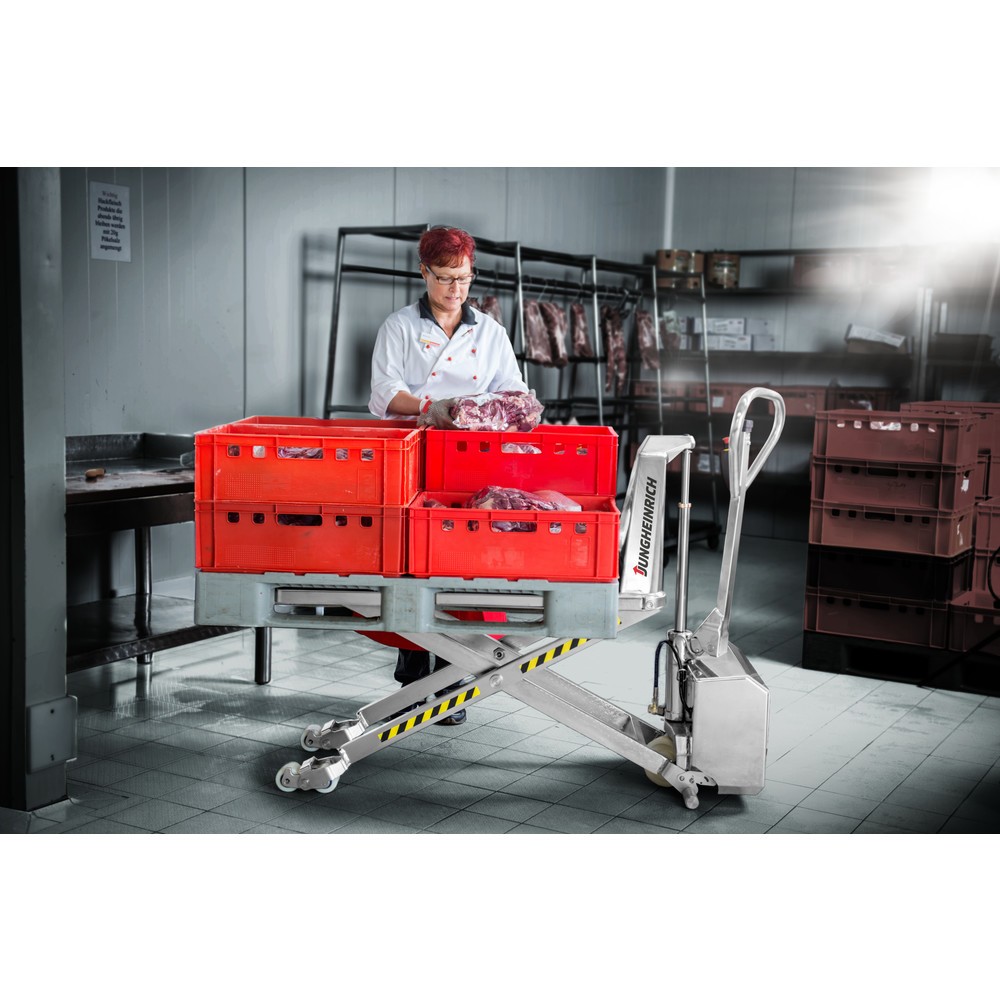 Jungheinrich AMX I15ep stainless steel scissor lift pallet truck – professional version