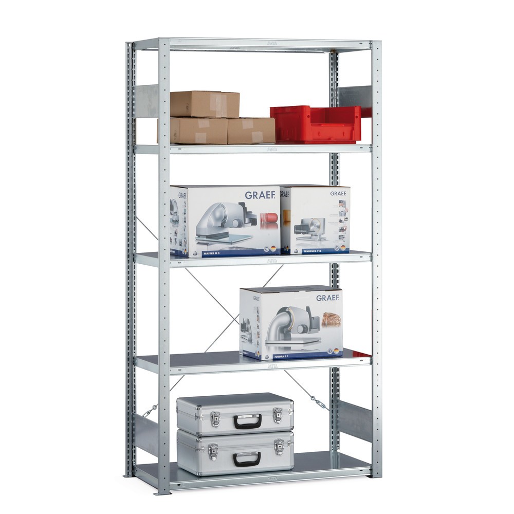 META plug-in shelving system, base unit, shelf load 100 kg, galvanized