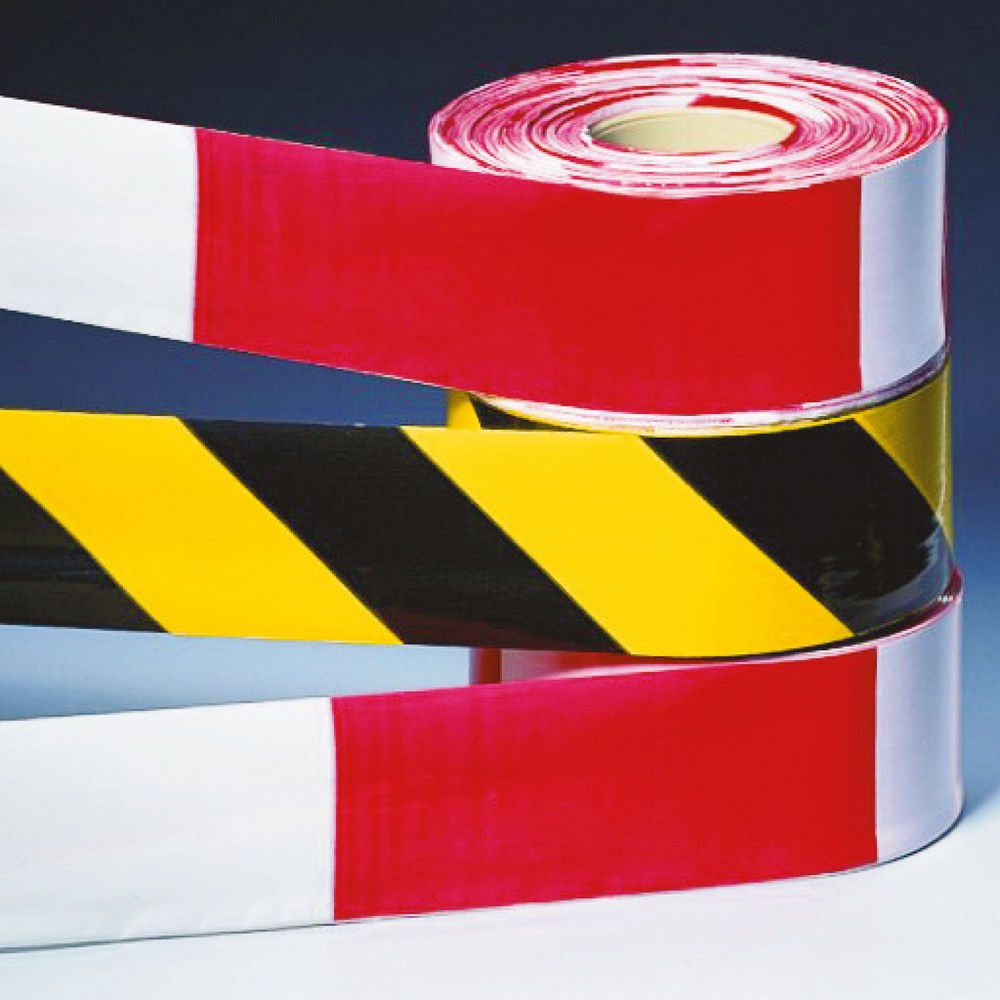 Product image: Warning and barrier tapes, red/white, WxL 80 mm x 500 m, 2 rolls/SU