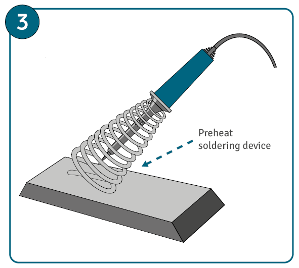 An illustration showing a close up of a soldering device with the words "preheat soldering device." 