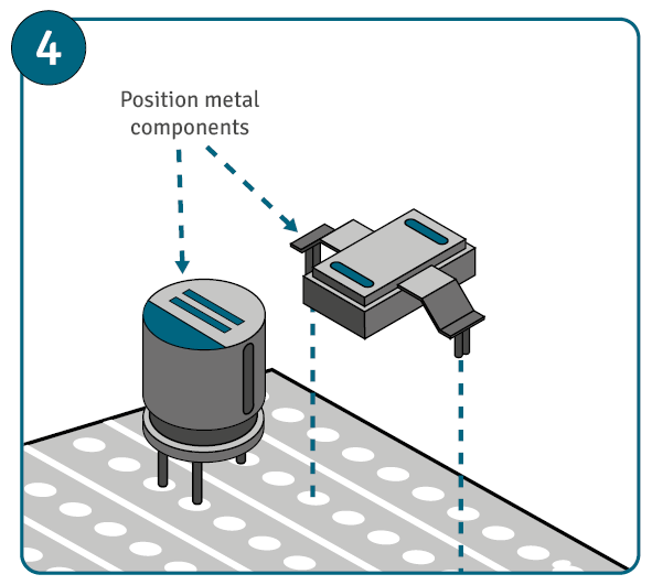 An illustration of metal components on a circuit board with the words "position metal components."  